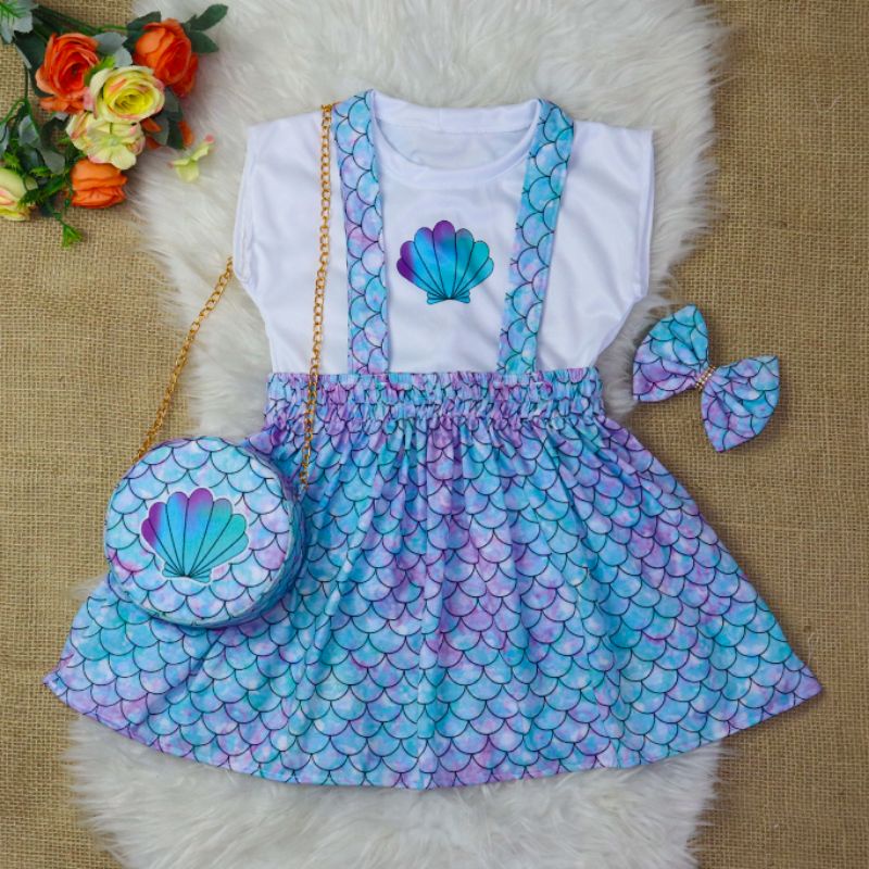 Roupa de festa infantil Sereia - Jardineira + Bolsa + Blusinha + Laço - 1 a  8 anos