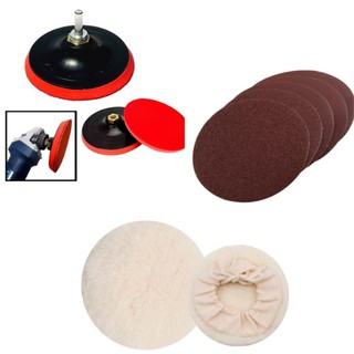 Kit suporte com base aderente 125mm C/ adaptador para furadeira + 5 discos de lixa + boina de lã 5¨