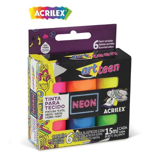 Tinta Para Tecido Art Teen Acrilex C/ 6 Cores Neon 15ml