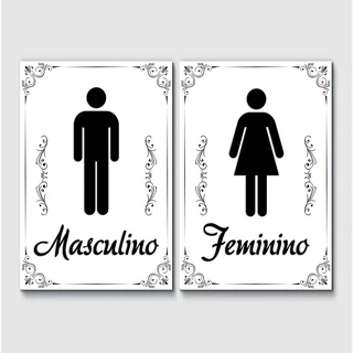 KIT Placa Decorativa Sinalização Banheiro Feminino Masculino 2 Peças
