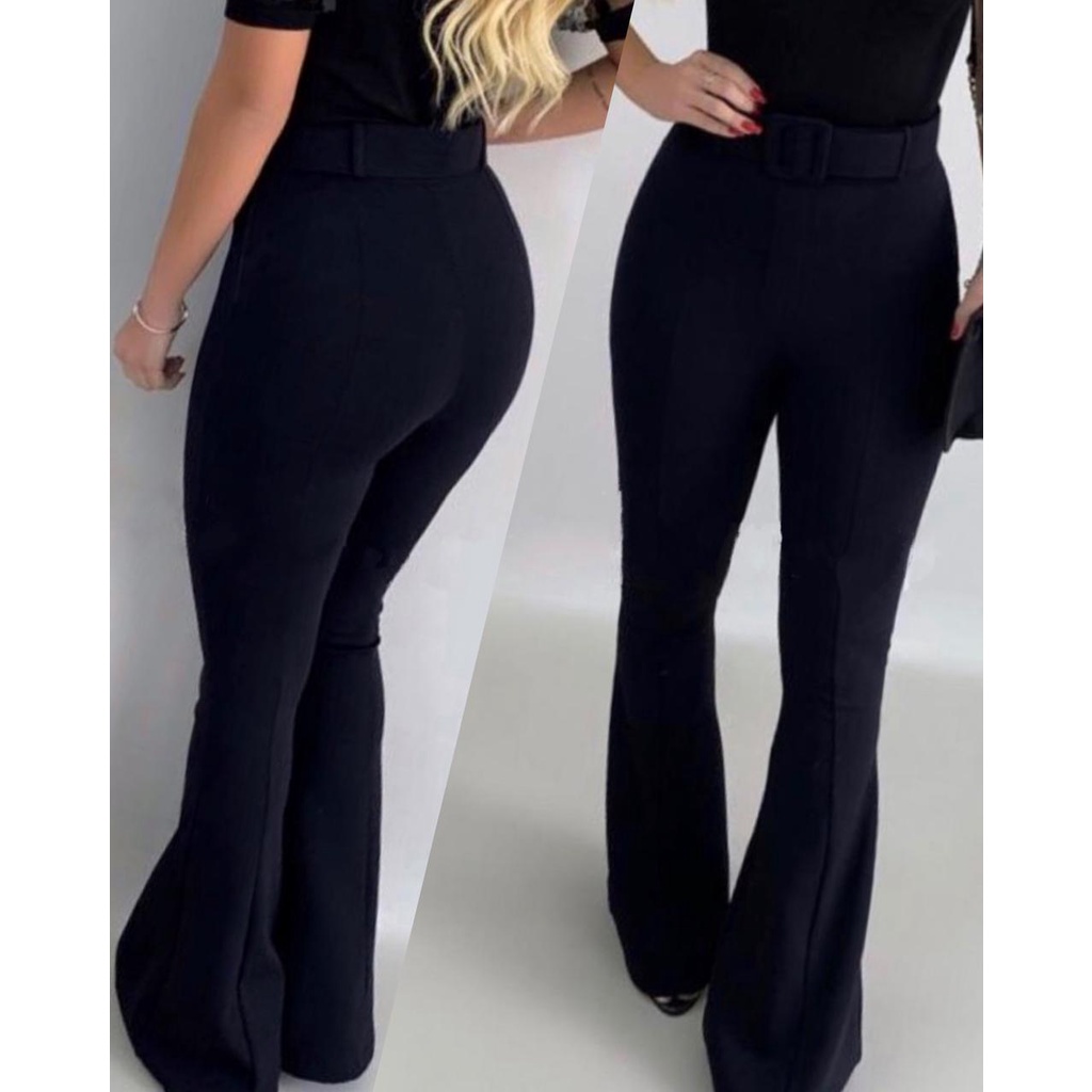 Calça Flare Em Crepe Cintura Alta Social Estilo Prada +Cinto