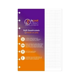 Refil Caderno De Disco Quadriculado ISCOOL Inteligente 90g 50 Folhas
