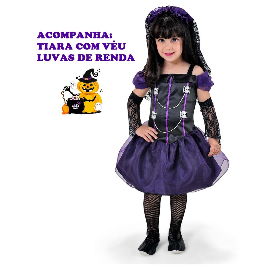 Kit Fantasia Halloween Infantil Noivinha Cadáver