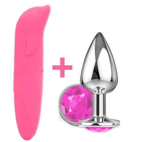 KIT Erótico Vibrador Femenino DELFÍN + PLUG ANAL C/ Piedra Sexy