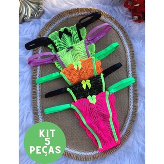 Kit 5 calcinhas tangas rendada bicolor neon com regulagem