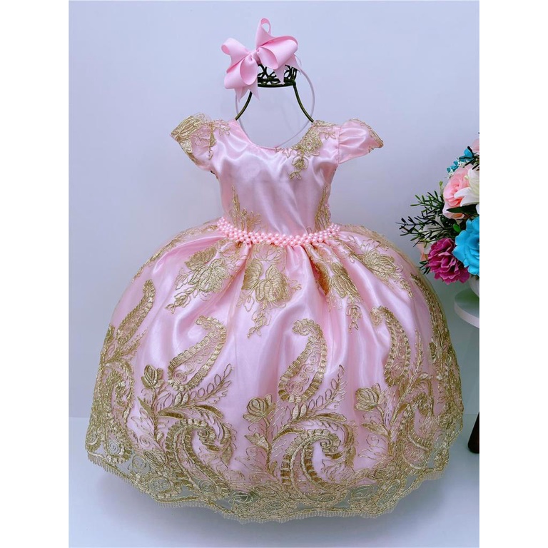 Vestido Infantil Rosa Dourado Realeza Princesa