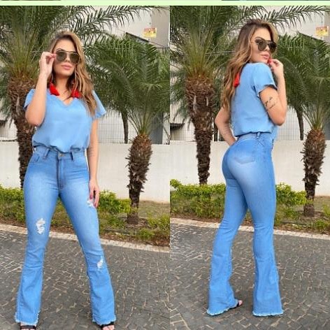 Calça Jeans Feminina Flare Cos Alto Cintura Alta Barra Desfiada