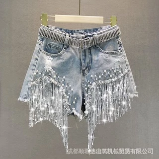 Shorts Jeans Feminino 2022 Novo Cintura Alta Emagrecedor De Lantejoulas Calças De Lágrima Calça Quente De Perna Larga