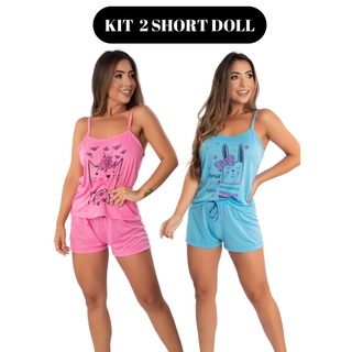 Kit 2 pijama short dool malha Baby Doll Curto Adulto Dormir Estampado