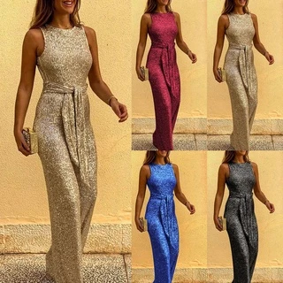 Ca-Jumpsuit Macacão Feminino Sem Manga Com Costas Abertas Com Lantejoulas E Renda Para Uso Diário