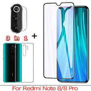 Kit 3X1 Xiaomi Redmi Note 8 Pro - Película em Cerâmica Frontal 9D + Capa Transparente TPU Protetora Anti Impacto 5D + Pelicula Protetora da Câmera Traseira do Vidro Temperado 3D