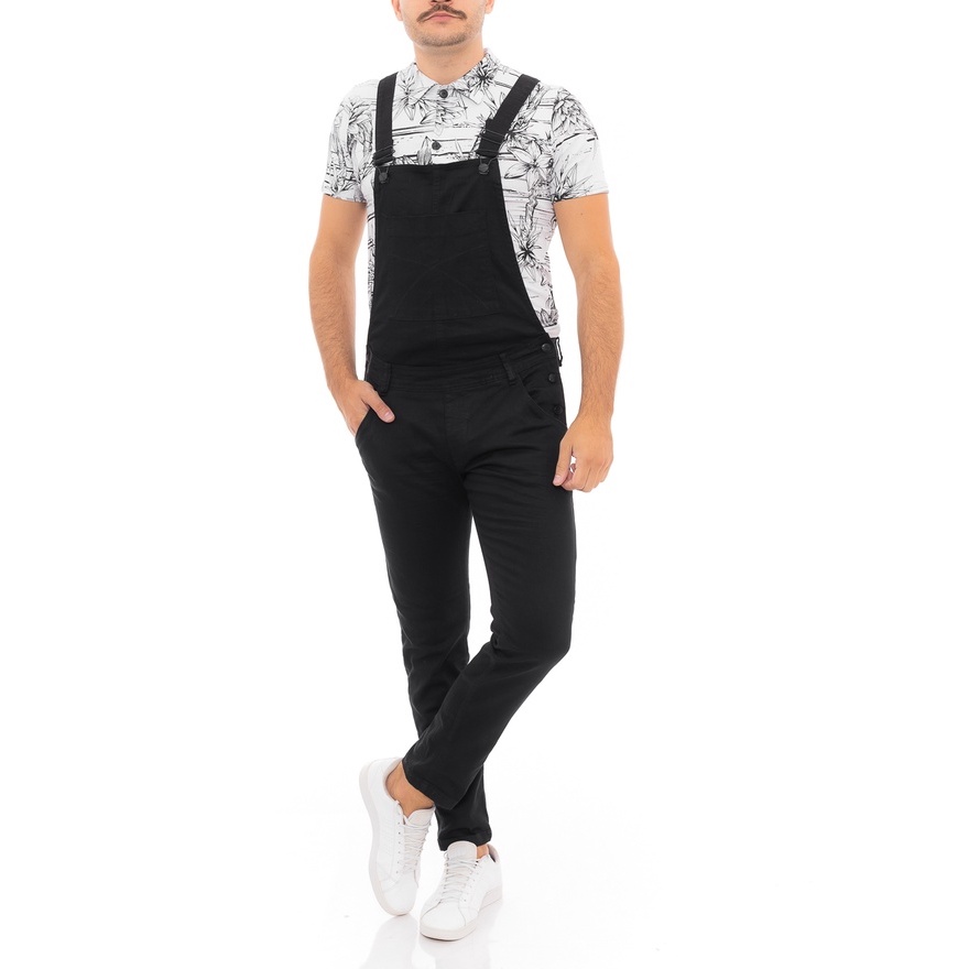 Macacão Jeans Masculino Rasgado Longo Preto Jardineira Calça