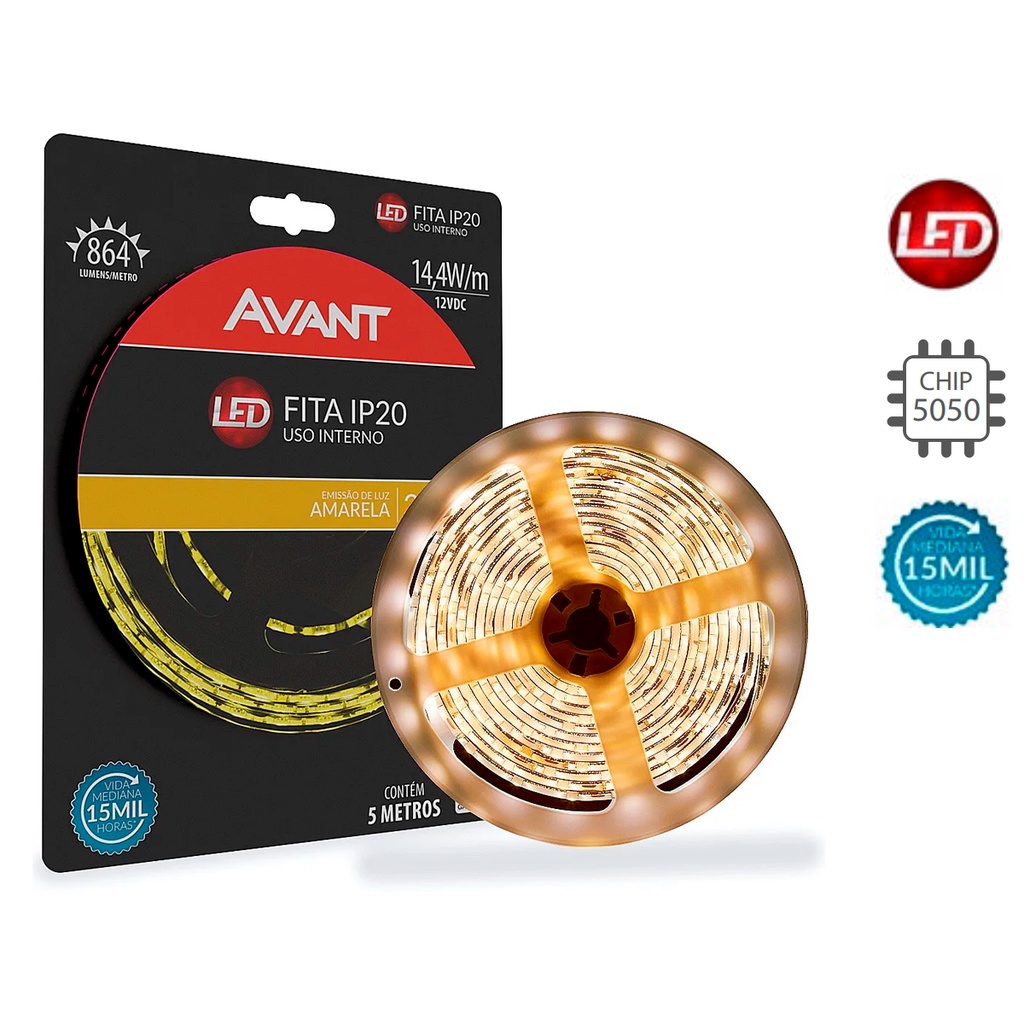 Fita Led Rolo 5m 5050 Branco Quente Avant