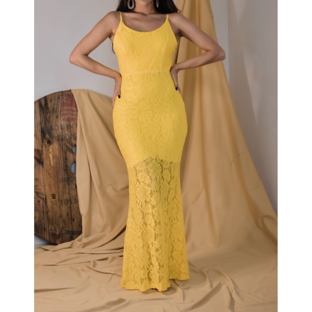 Vestido amarelo de renda hot sale longo