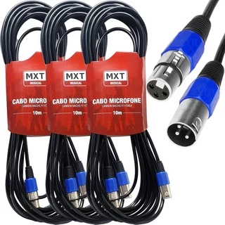 Kit 3 Cabo Microfone Xlr Canon Balanceado Macho Femea 10m Metros Mxt