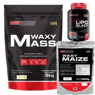 Kit Suplemento em Pó Hipercalórico Waxy Mass 3Kg + Waxy Maize 800g Natural + 6 Six Lipo Black 120 Cáps - Kit Para Recuperação Rápida e Eficaz - Bodybuilders