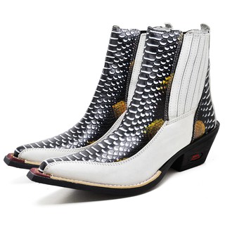 Bota Country Masculina Bico Fino Couro Legítimo Estampa Jacaré Branca