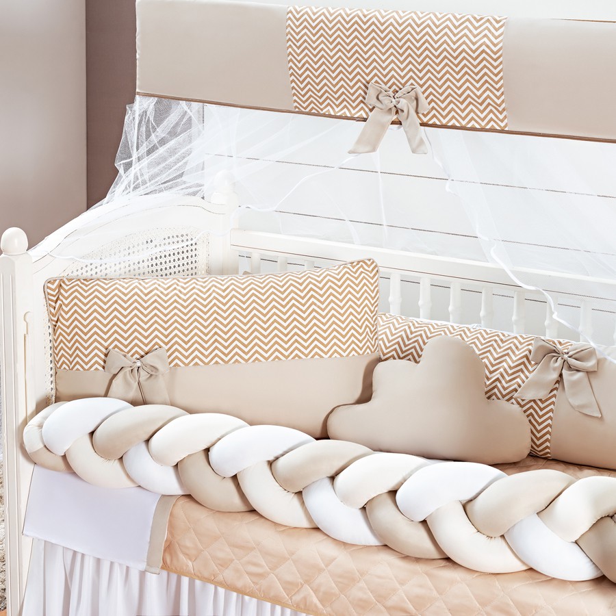 Kit Berço Trança Laço Doce Bebê Bege Caqui Original Com Lençol e Saia Box Completo 11 Peças Baby