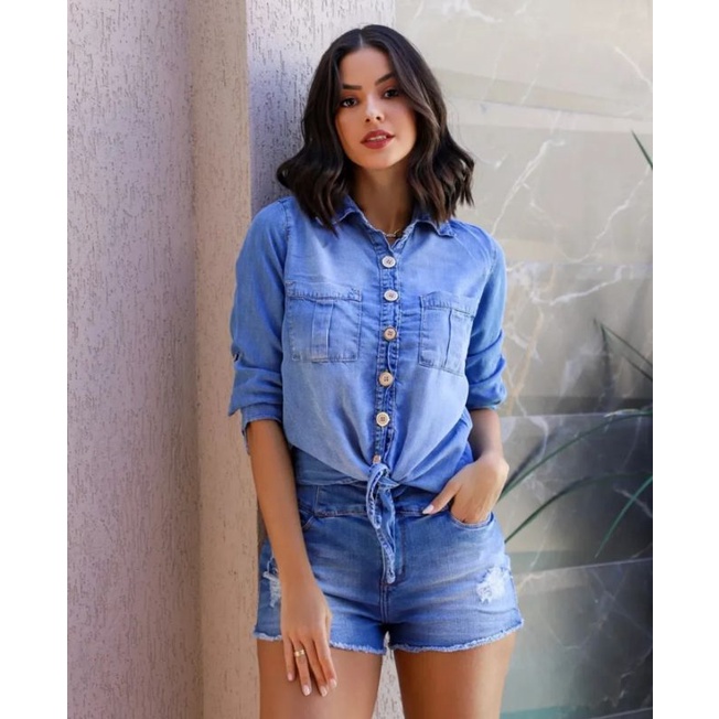 Camisa jeans best sale feminina amarrada