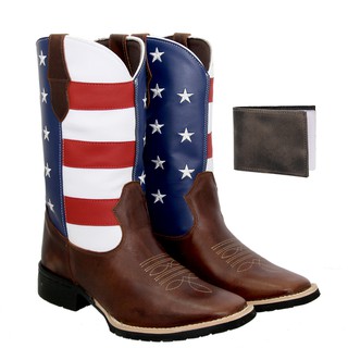 Bota Texana Couro Cano Longo Rodeio Country Eua Promoção + Carteira