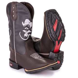 Bota Texana Country Masculina Tião Carreiro Bico Quadrado Soldado de Borracha