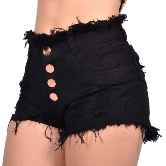 Short Jeans Preto 4 botões Feminino Cintura Alta Desfiado