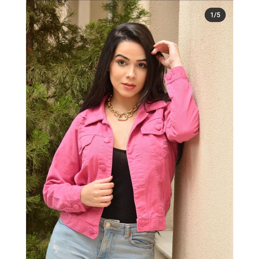 Jaqueta Jeans Feminina Rosa Tigre
