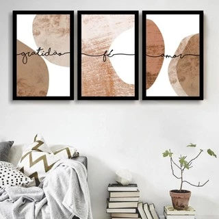 Quadro decorativo 3 peças 40x60 gratidão fé amor geométrico abstrato moderno em tons de marrom para sala quarto