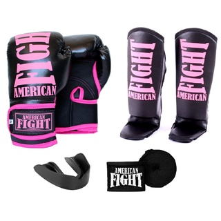 Kit Muay Thai Luva Caneleira Bandagem Bucal American Fight - Rosa