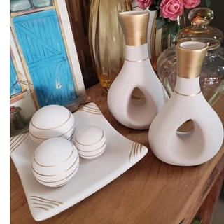 Vasos decorados Conjunto 6 ou 5 Peças Jogo cerâmica Kit Trio Vasos Ceramica Enfeite Decorativo Centro De Mesa Sala enfeite rack centro de mesa banheiro Garrafas Estilizadas Em Cerâmica Decoração para sala de estar jarro combina com suas plantas e flores