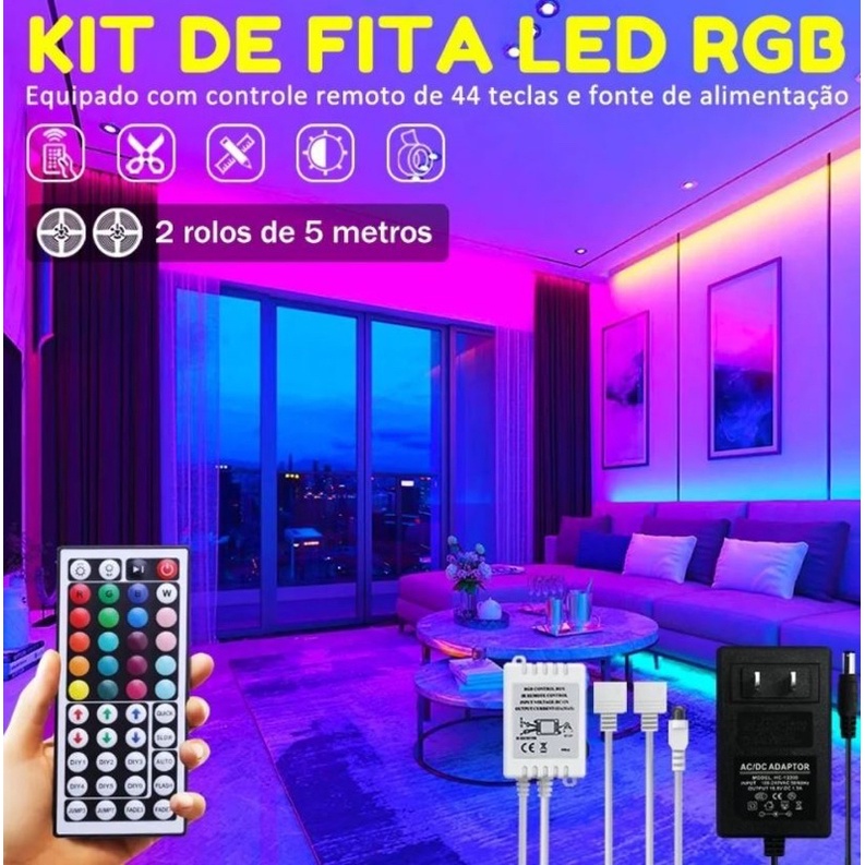 Kit 10 Metros Fita De Led RGB 5050 Ip20 16 Cores + Controle De 44 Teclas + Fonte Bivolt Sanca Gesso Quarto Gamer Decoração Colorida