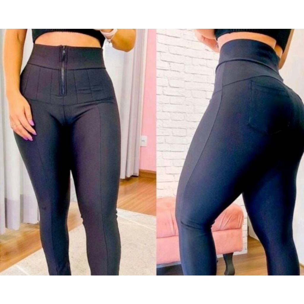 Calça legging com hot sale ziper na frente