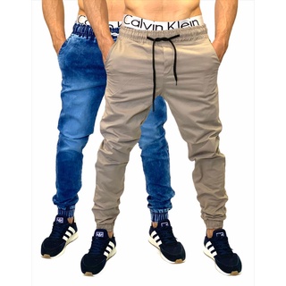 Calça Masculina Sarja e Jeans Jogger Rasgada e Lisa Kit com 2 Envio Imediato Nas Cores Preto e Bege Caqui Jeans Clara e Escura e Outras