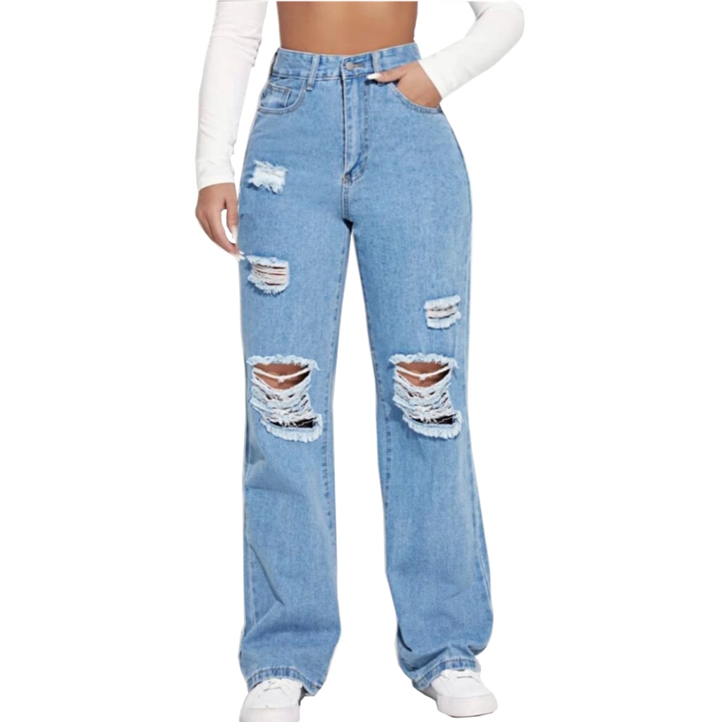 Calça Wide Leg Rasgo no Joelho Jeans Feminino - 13.42.0032