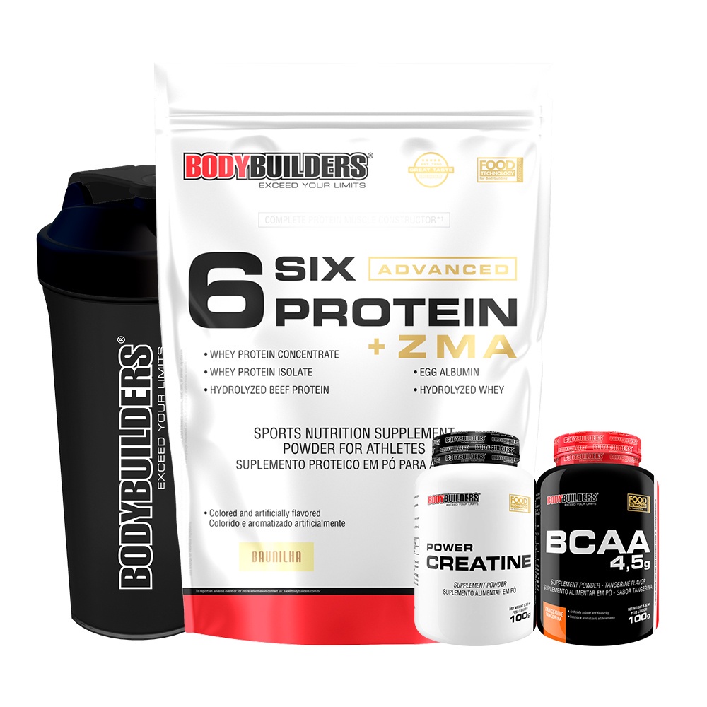 Kit Whey Protein Concentrado 6 Six Protein Com Zma 2 Kg Power Creatina 100g Bcaa 100g