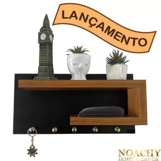 Porta Chaves de Parede com Prateleiras para Decoração Preto e Freijó