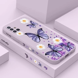 Capa De Silicone Líquido Com Estampa Lateral E Borboletas Roxas Para Samsung Galaxy A71 A51 4G A21S A31 A41