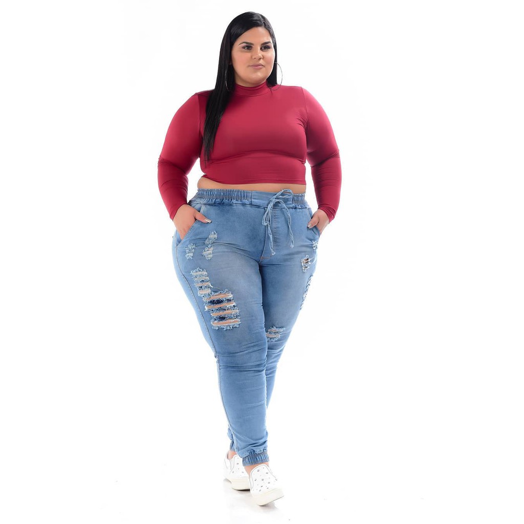 Calça Feminina Versão Jogger Jeans Destroyed Cintura Alta