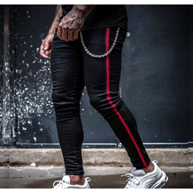 Calca Jeans Masculina slim com elastano preta listra faixa vermelha.
