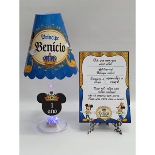 COMBO: 5 Abajures taça c/ LED + 5 Plaquinhas de agradecimento Mickey Realeza