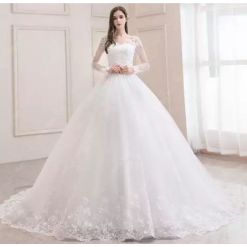 VESTIDO DE NOIVA CIVIL MIDI RODADO DE TULE COM MANGA PRINCESA E DECOTE