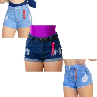 Kit 3 shorts jeans cintura alta feminino + cinto de presente