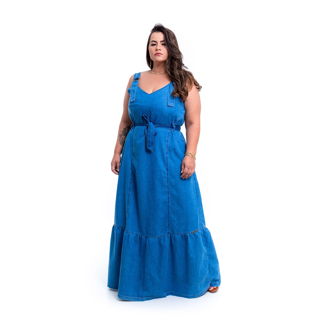 Vestido Longo Jeans Plus Size Tecido Em Sarja Sem Lycra S3912 Faz A Boa 