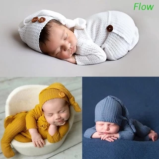 Flow 2 Pcs Baby Hat Bodysuit Newborn Photography Props Knitted Long Tail Romper