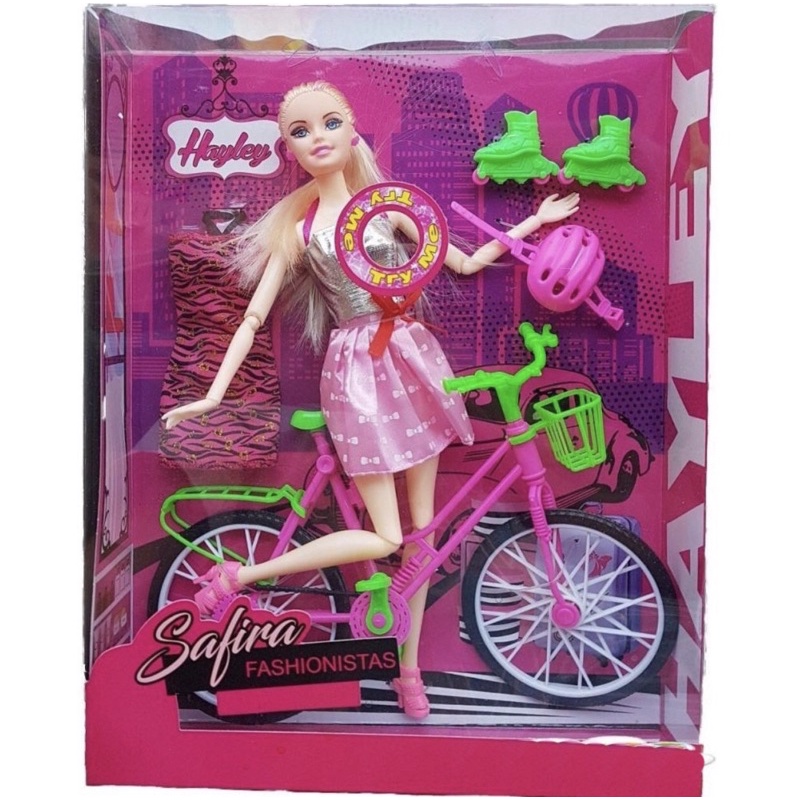 Boneca Barbie Ciclista Articulada Com Patins Bicicleta