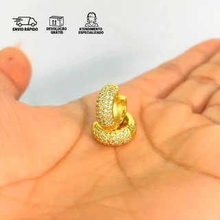 Brinco Masculino de Ouro Argola C/ 52 Pedras Brilhantes Banhado a Ouro 24k Brinco Cravejado em Oferta na Shopee
