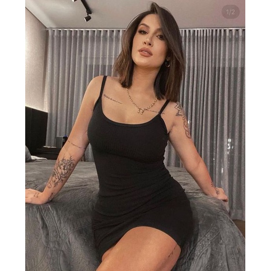 Vestido Feminino Canelado Preto Basico Tubinho de Alcinha Roupas Femininas