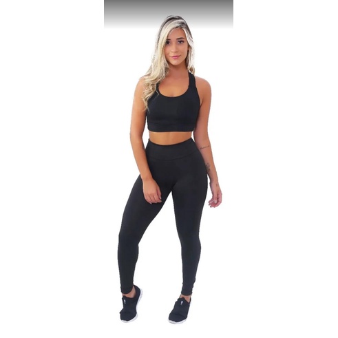 Conjunto Academia Fitness feminino - Calça Legging suplex + Top S/ bojo -  Preto e Cinza.