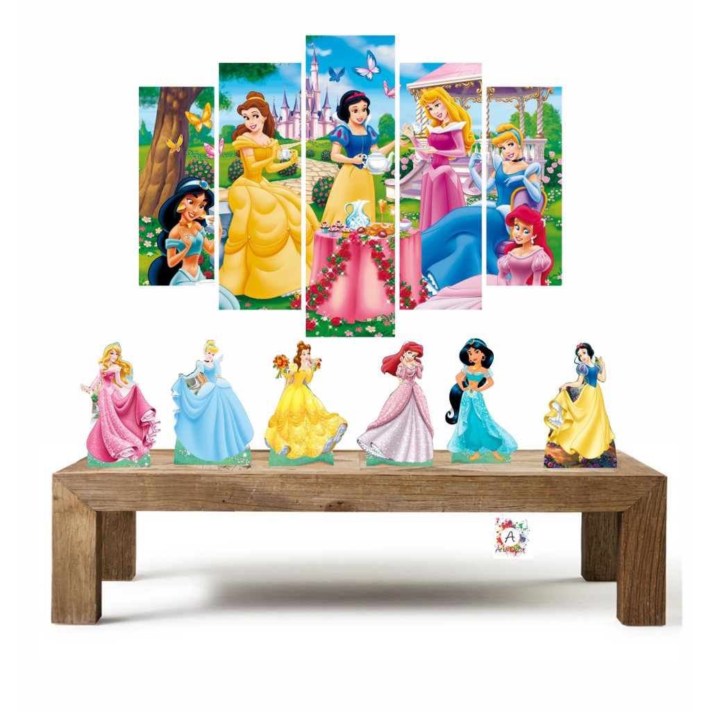Princesa da Disney kit com 1 quadro mosaico + 6 totens de mesa em mdf decoração para festa Kit Enfeites kit festa