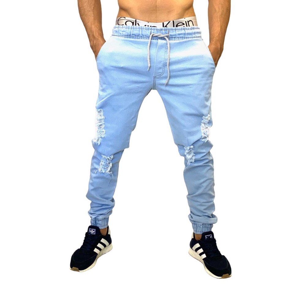 Calça Jogger Masculina Jeans Elástico Punho Azul Médio - Compre Agora